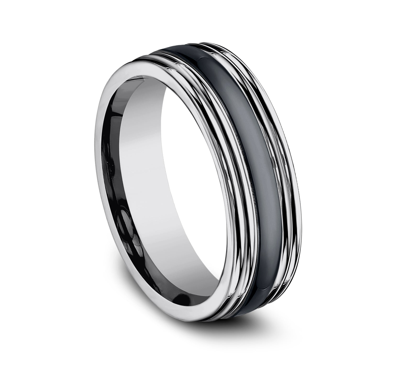 THE WRAITH 7mm, Comfort fit, Tungsten and Black Ceramic, Polished center, polished double cut round edges