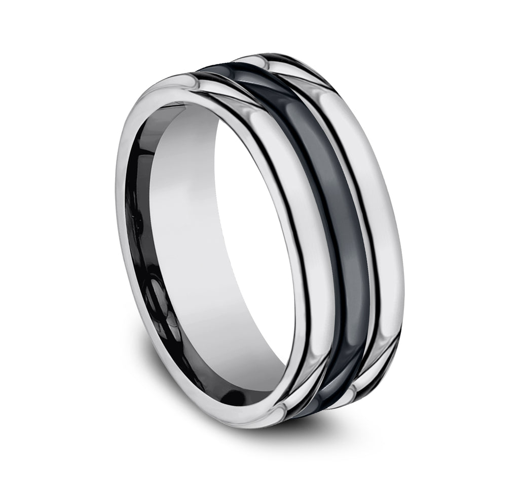 THE SPECTER 8mm, Comfort fit, Tungsten and Black Ceramic, Polished rounded center, polished thick round edges