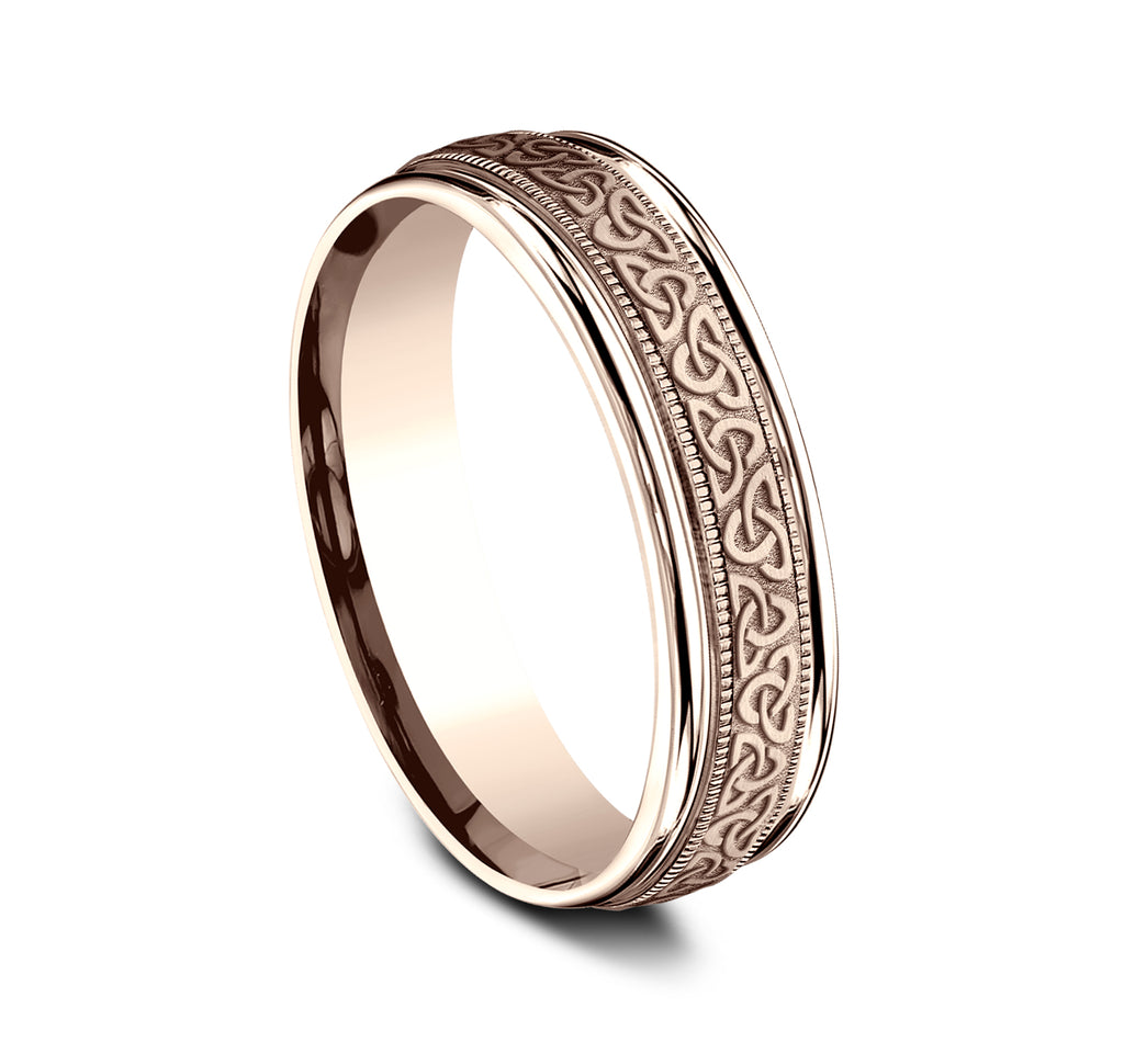 THE DUBLIN 6mm, Comfort fit, 14K Rose Gold, Celtic knot pattern, milgrain detailing, polished round edges
