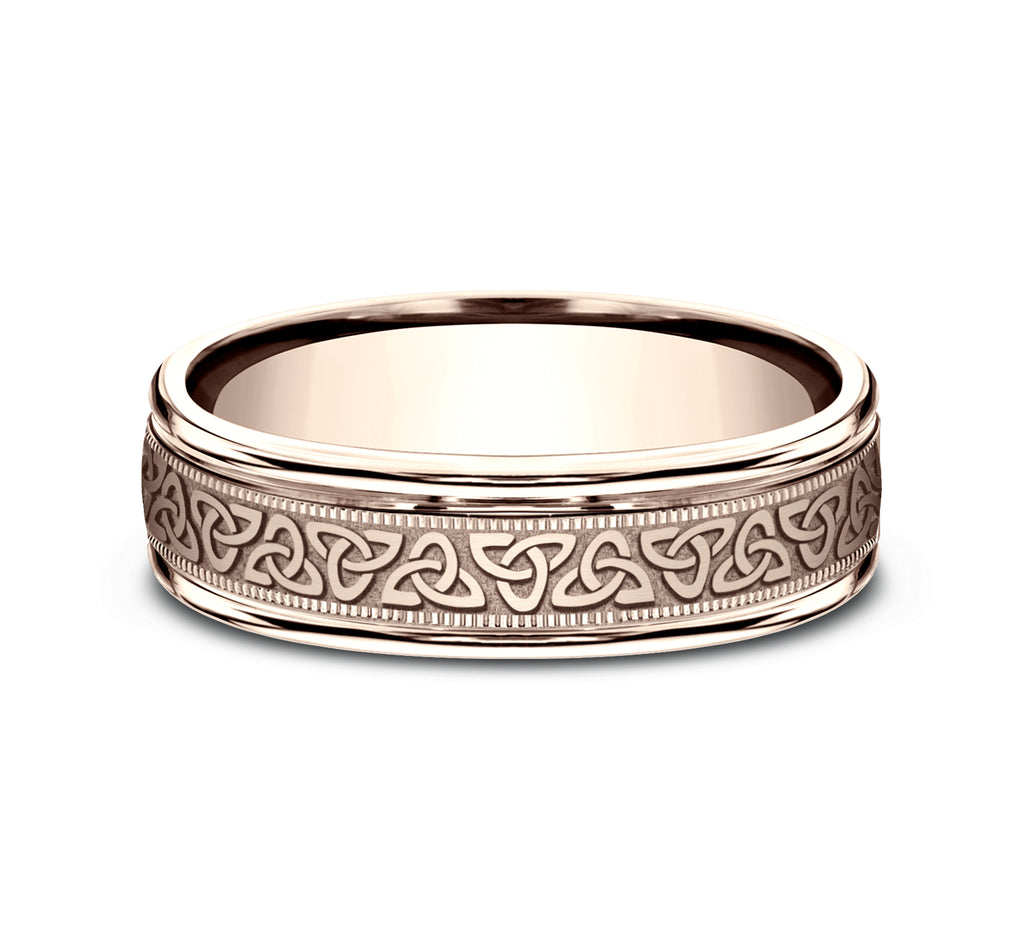 THE DUBLIN 6mm, Comfort fit, 14K Rose Gold, Celtic knot pattern, milgrain detailing, polished round edges