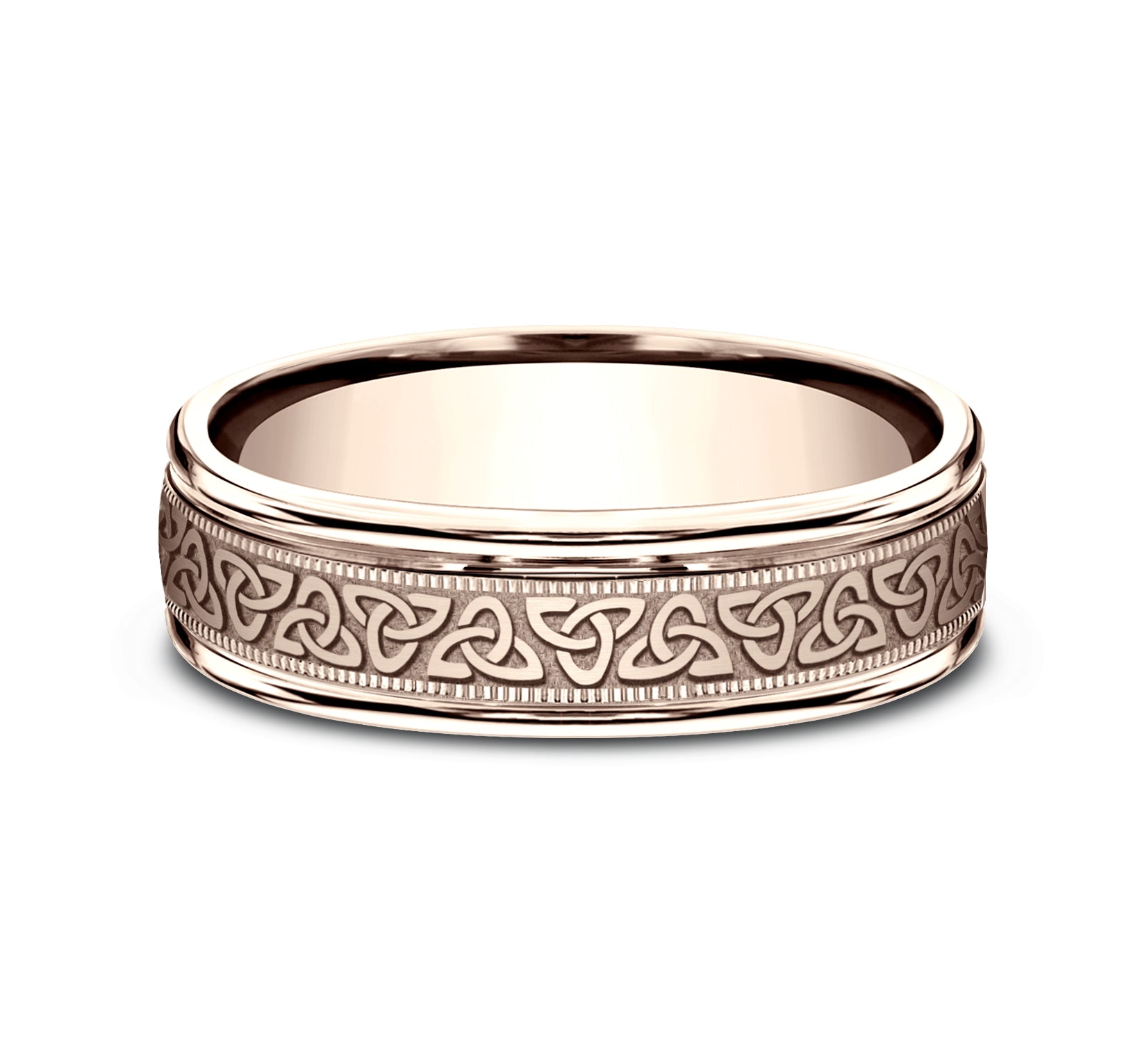 THE DUBLIN 6mm, Comfort fit, 14K Rose Gold, Celtic knot pattern, milgrain detailing, polished round edges