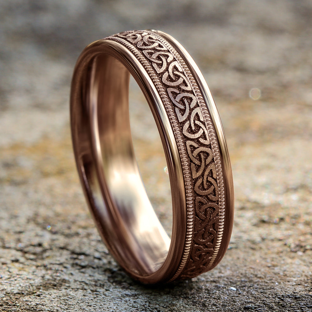 THE DUBLIN 6mm, Comfort fit, 14K Rose Gold, Celtic knot pattern, milgrain detailing, polished round edges