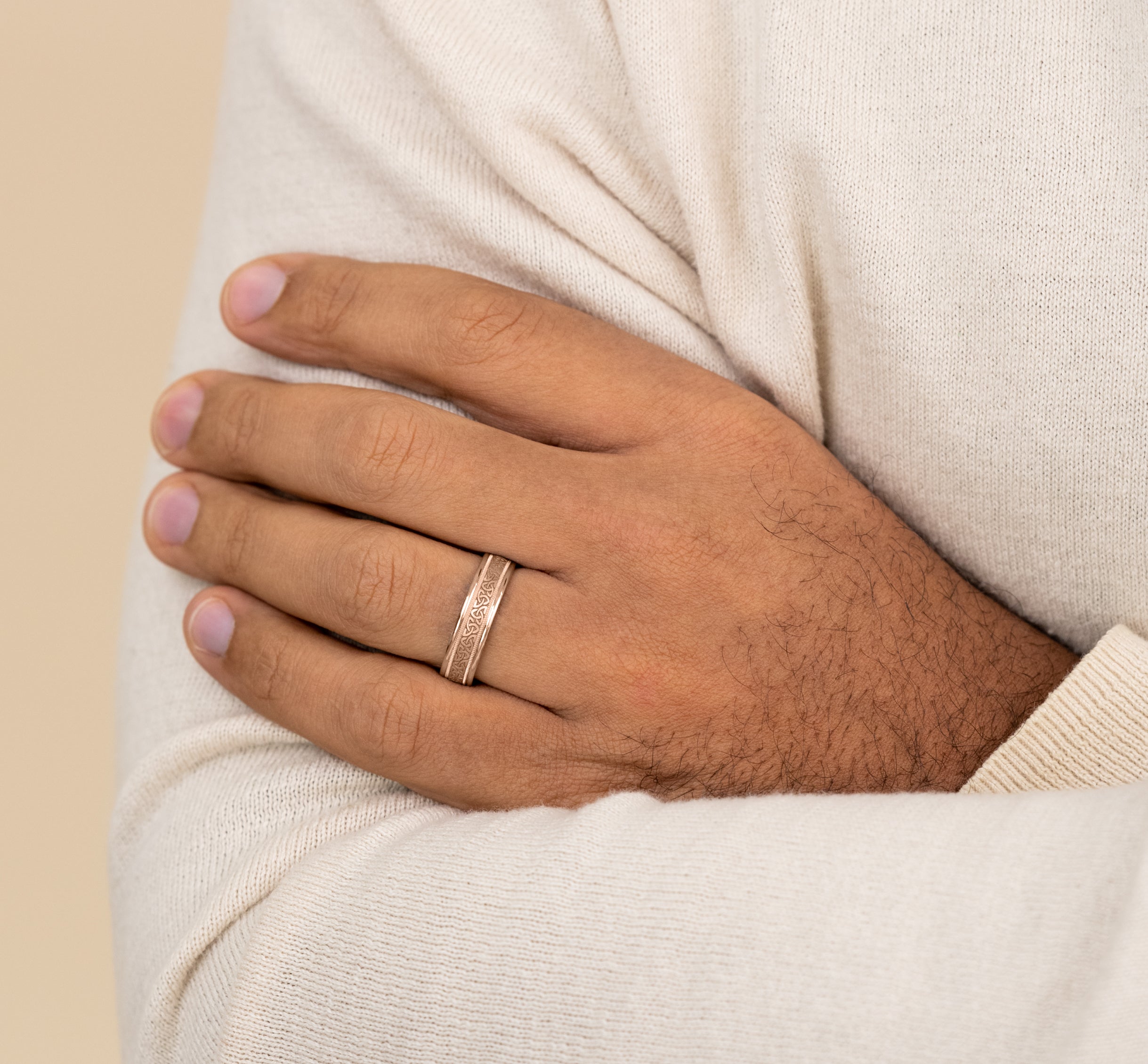 THE DUBLIN 6mm, Comfort fit, 14K Rose Gold, Celtic knot pattern, milgrain detailing, polished round edges