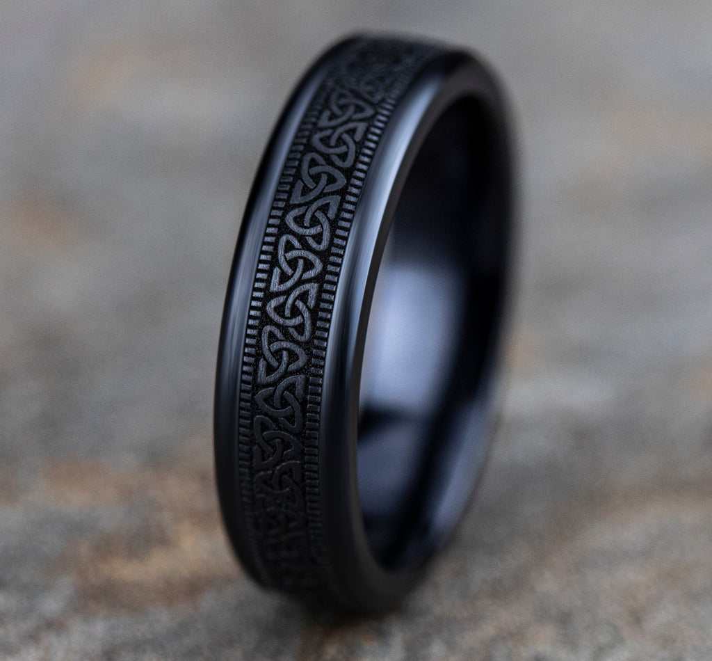 THE DUBLIN 6mm, Comfort fit, Black Titanium, Celtic knot pattern, milgrain detailing, polished round edges