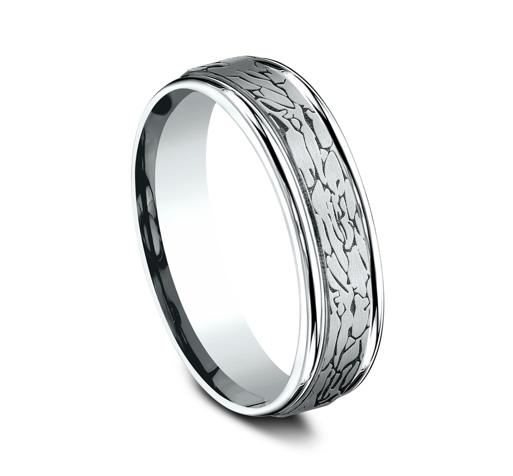 THE ARTHUR 6mm, Comfort fit, 14K White Gold, Fractured rock pattern, polished round edges