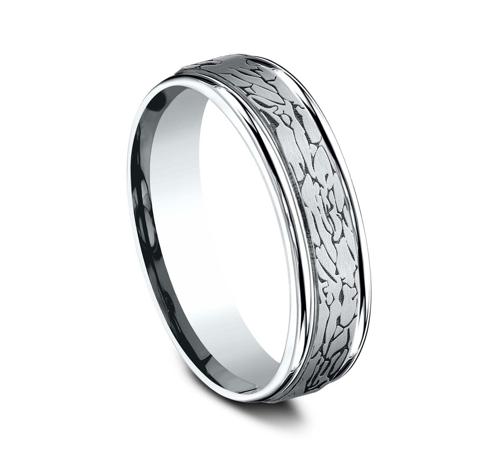 THE ARTHUR 6mm, Comfort fit, 14K White Gold, Fractured rock pattern, polished round edges