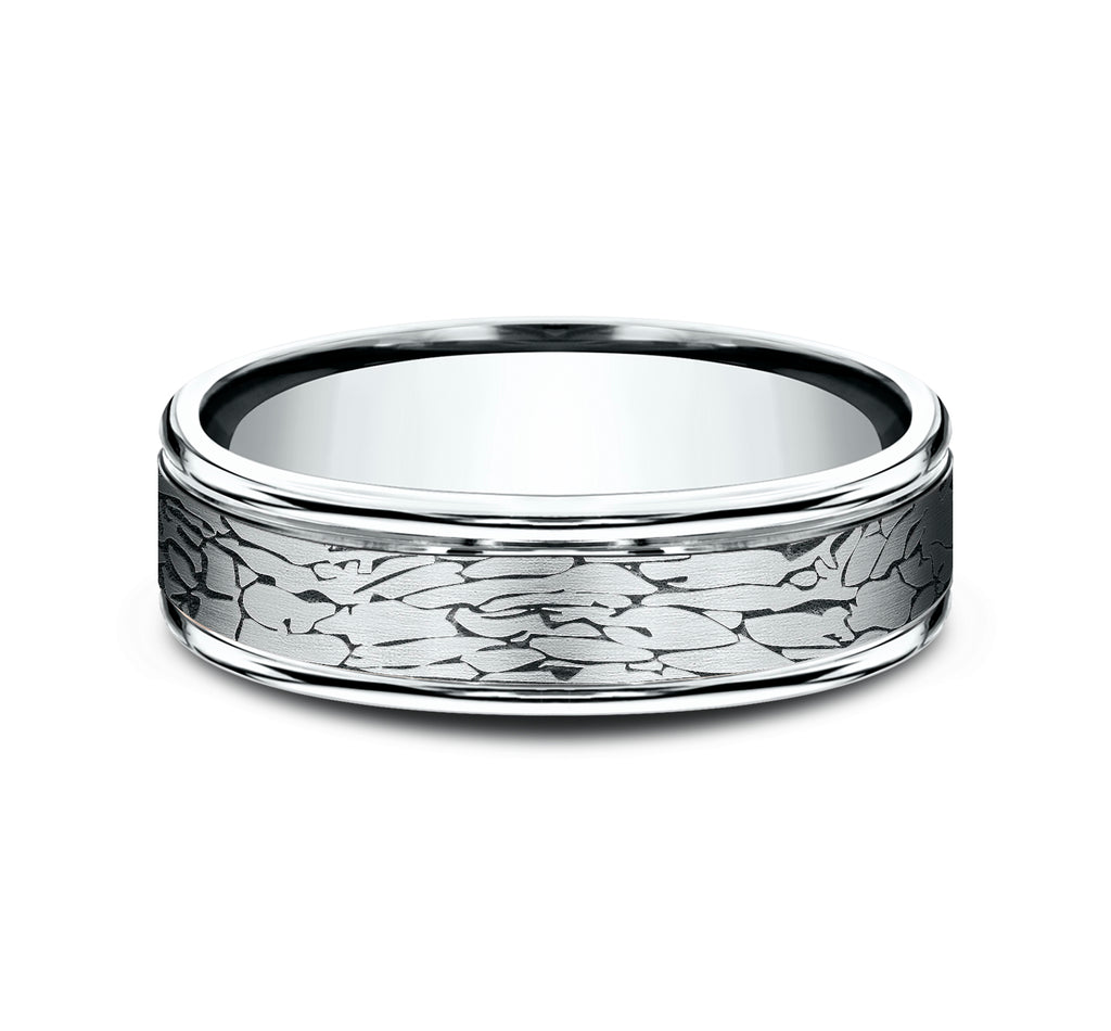 THE ARTHUR 6mm, Comfort fit, 14K White Gold, Fractured rock pattern, polished round edges