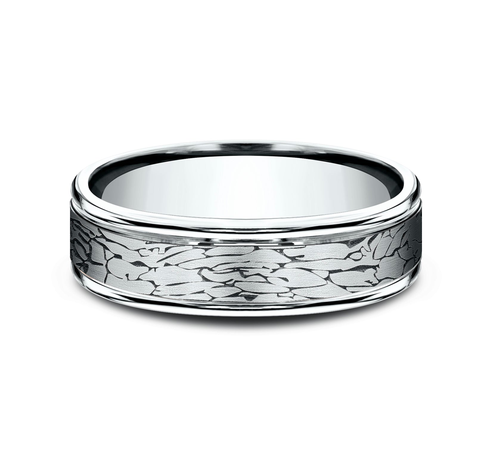 THE ARTHUR 6mm, Comfort fit, 14K White Gold, Fractured rock pattern, polished round edges