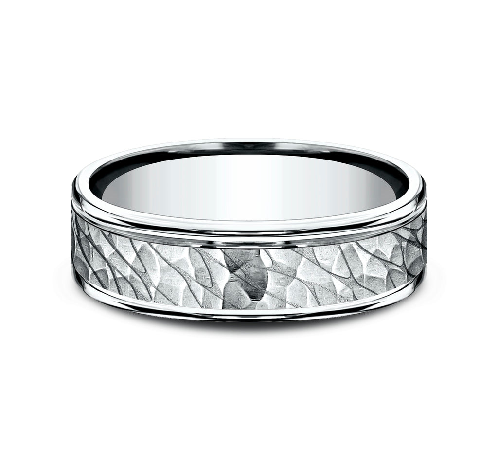 THE NILE 6.5mm, Comfort fit, 14K White Gold, Pebble pattern with hammered finish, polished round edges