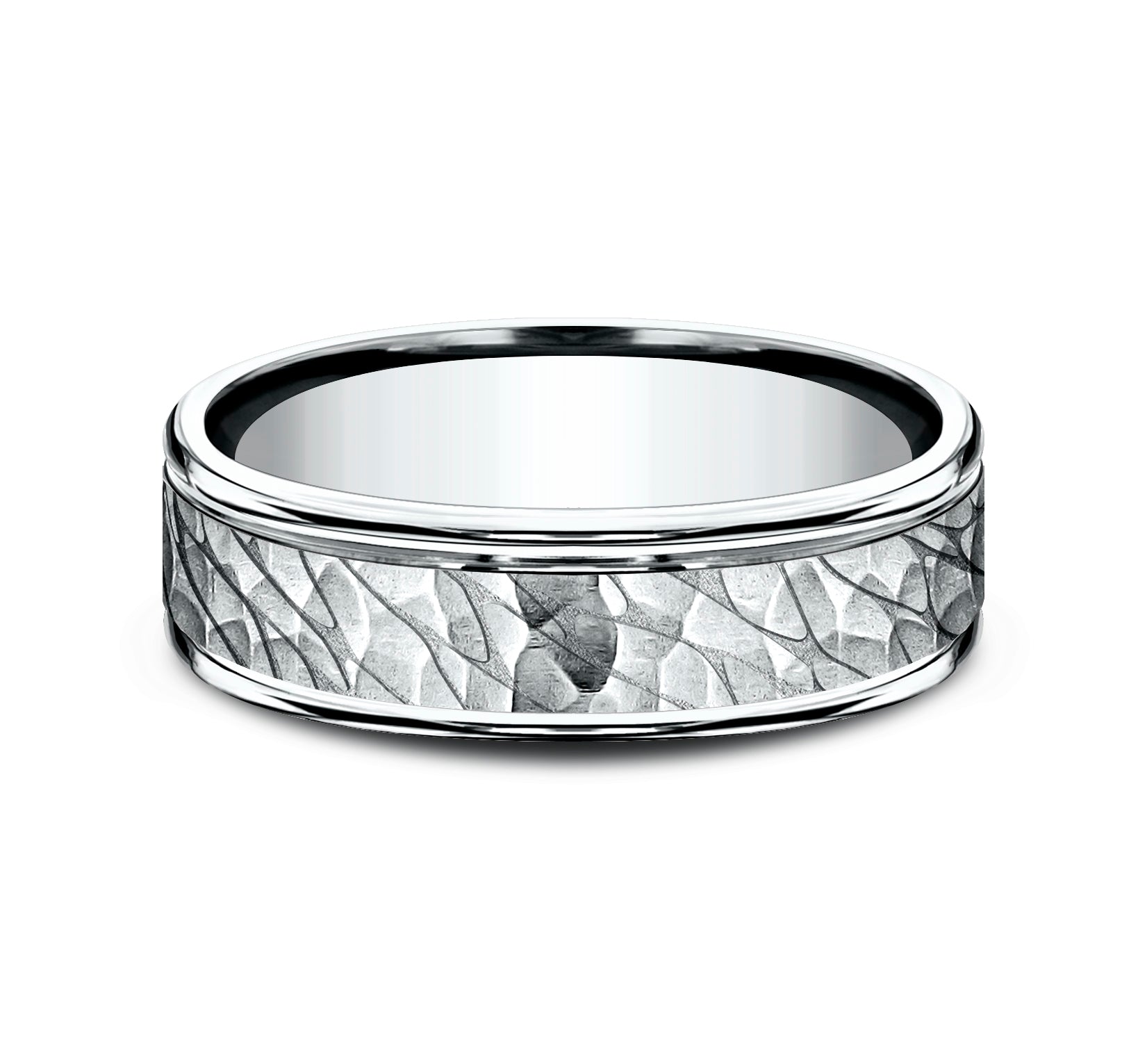 THE NILE 6.5mm, Comfort fit, 14K White Gold, Pebble pattern with hammered finish, polished round edges