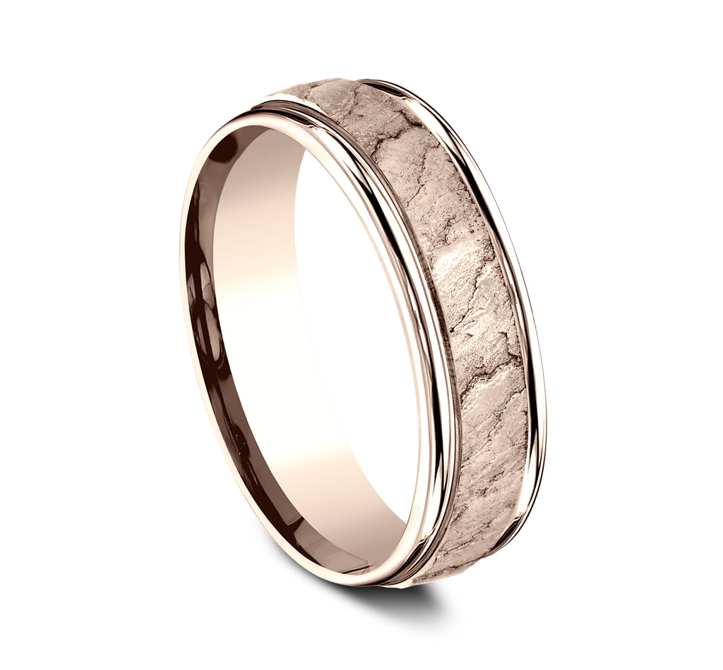 THE POMPEII 6.5mm, Comfort fit, 14K Rose Gold, Lava rock textured center, polished round edges