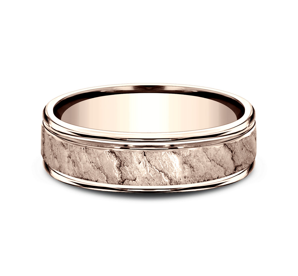 THE POMPEII 6.5mm, Comfort fit, 14K Rose Gold, Lava rock textured center, polished round edges