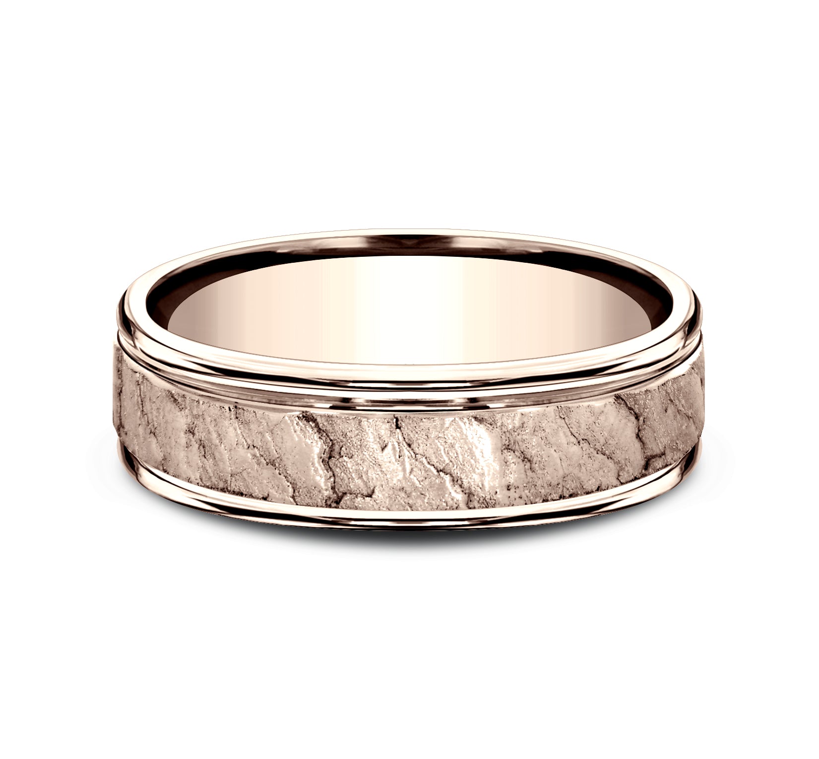 THE POMPEII 6.5mm, Comfort fit, 14K Rose Gold, Lava rock textured center, polished round edges