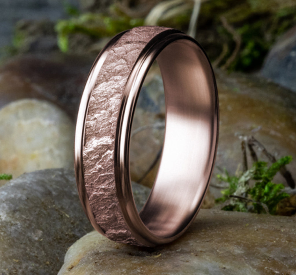 THE POMPEII 6.5mm, Comfort fit, 14K Rose Gold, Lava rock textured center, polished round edges