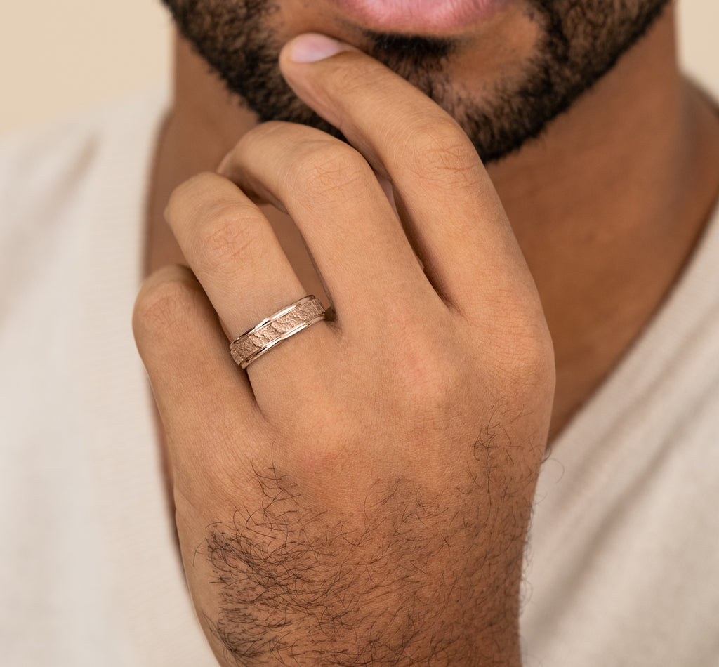 THE POMPEII 6.5mm, Comfort fit, 14K Rose Gold, Lava rock textured center, polished round edges