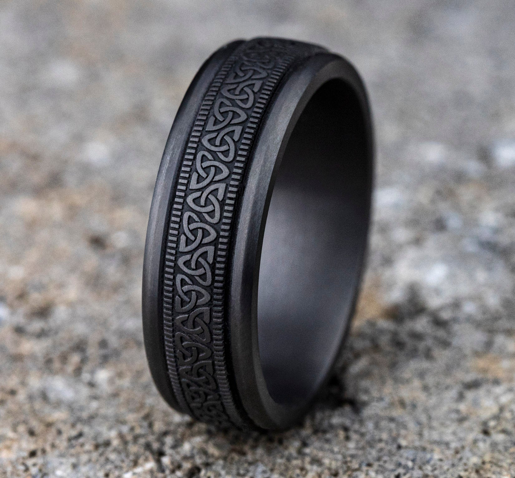 THE DUBLIN 7mm, Comfort fit, Darkened Tantalum, Celtic knot pattern, milgrain detailing, polished round edges