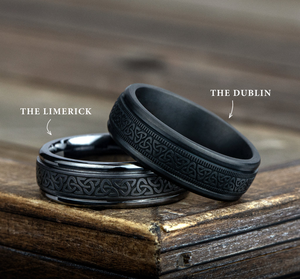 THE DUBLIN 7mm, Comfort fit, Darkened Tantalum, Celtic knot pattern, milgrain detailing, polished round edges