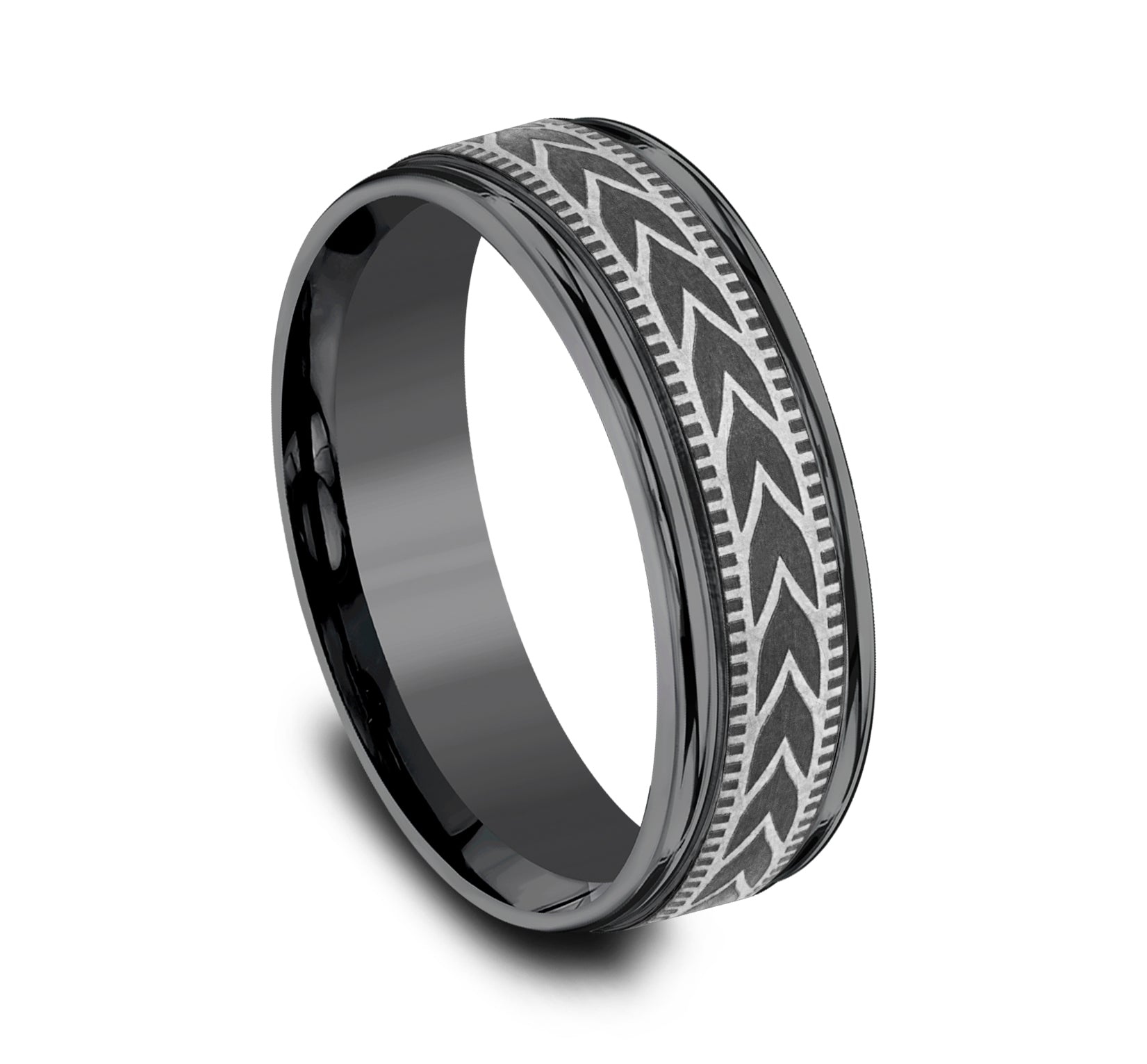 THE ARROW 7mm, Comfort fit, Darkened Tantalum, Wheat pattern with milgrain detail, polished round edges
