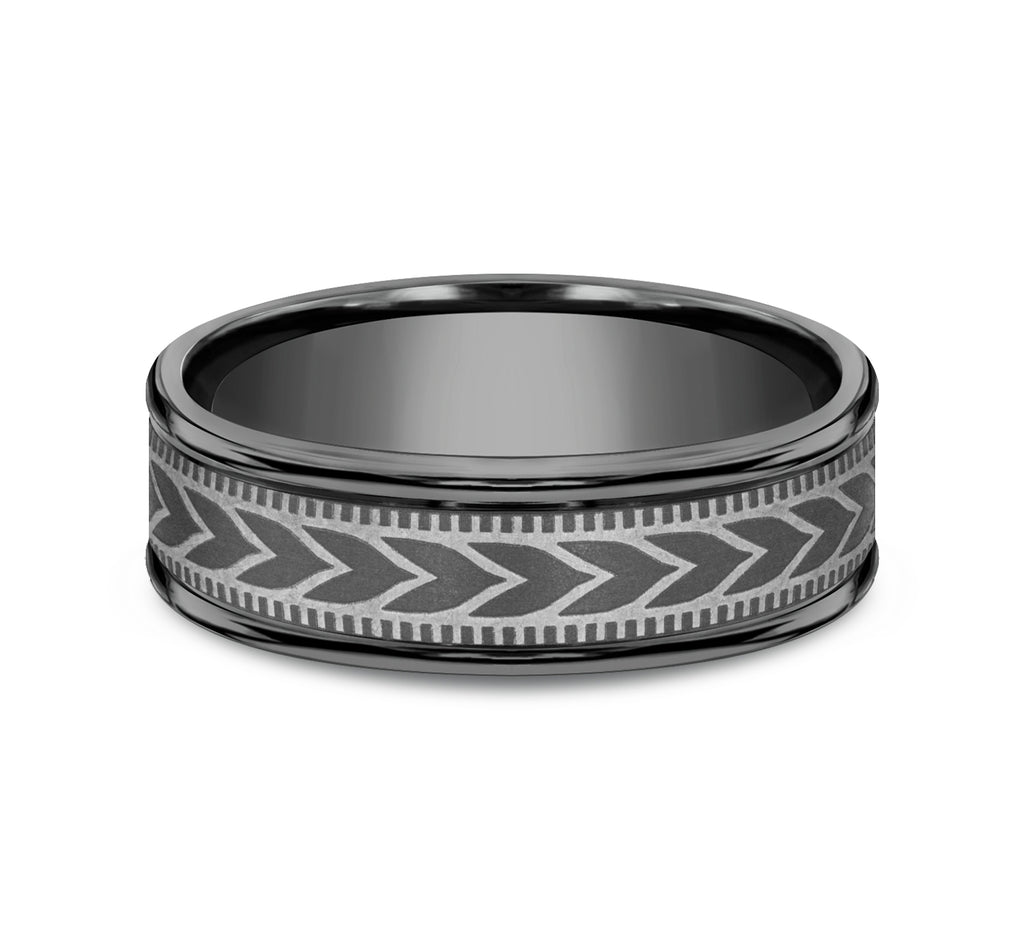 THE ARROW 7mm, Comfort fit, Darkened Tantalum, Wheat pattern with milgrain detail, polished round edges