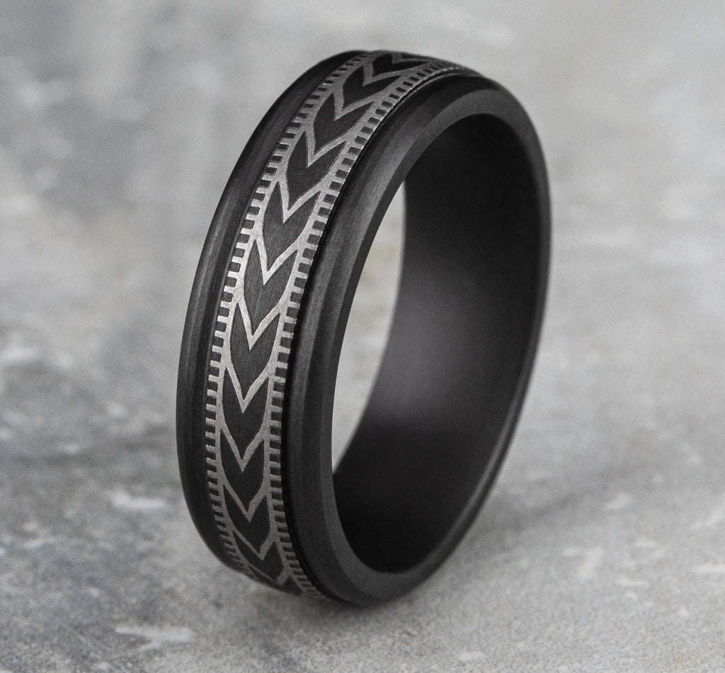 THE ARROW 7mm, Comfort fit, Darkened Tantalum, Wheat pattern with milgrain detail, polished round edges