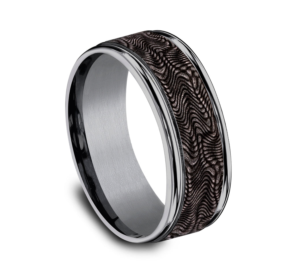 THE MAMBA 8mm, Comfort fit, Grey Tantalum, Snakeskin patterned center, polished round edges