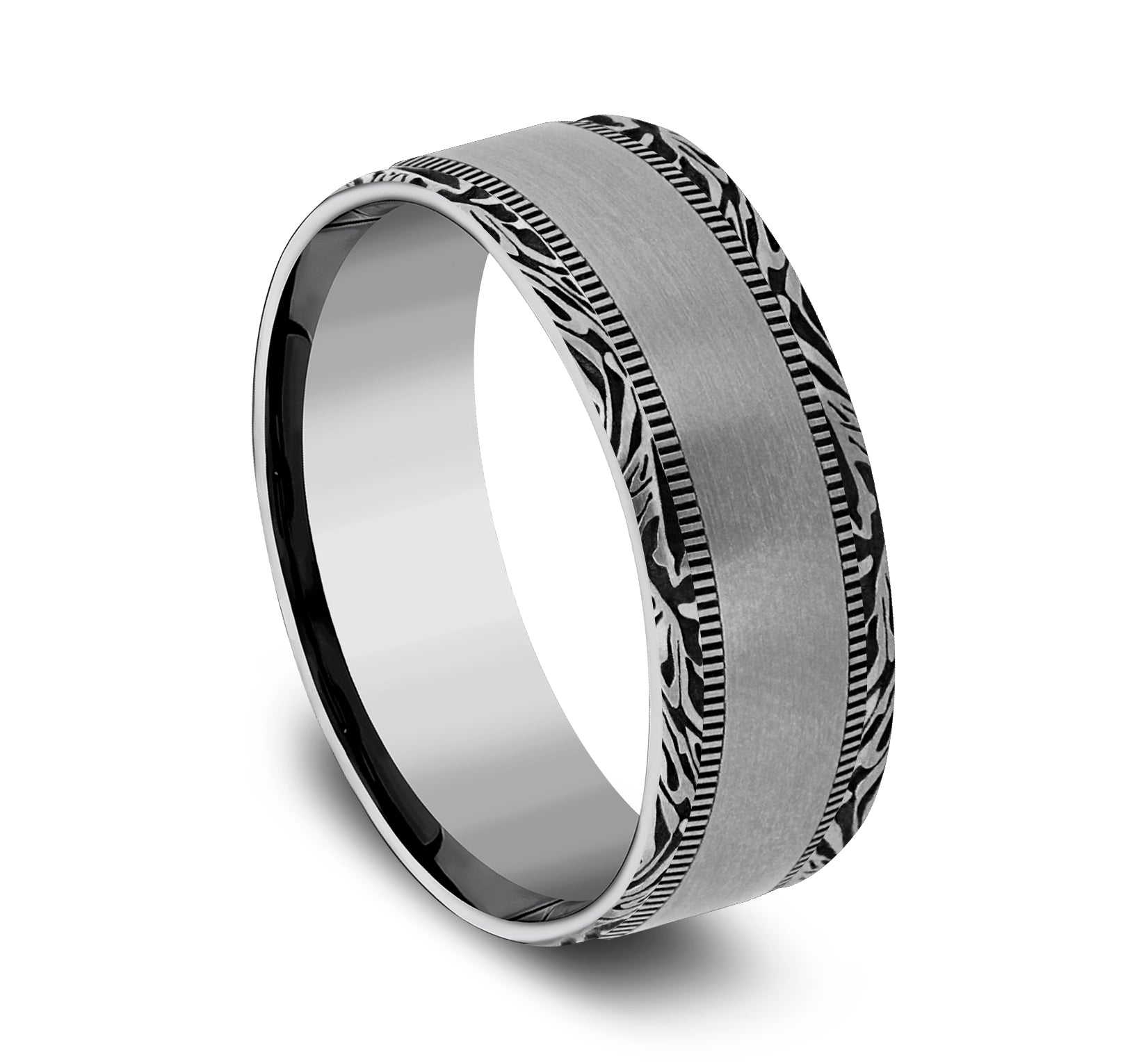 THE EDGE 8mm, Comfort fit, Tungsten, Satin center, mokume patterned edges