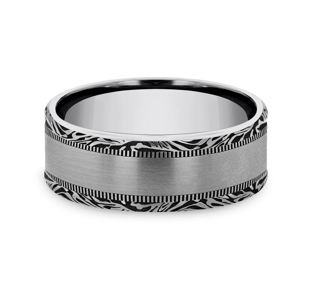 THE EDGE 8mm, Comfort fit, Tungsten, Satin center, mokume patterned edges