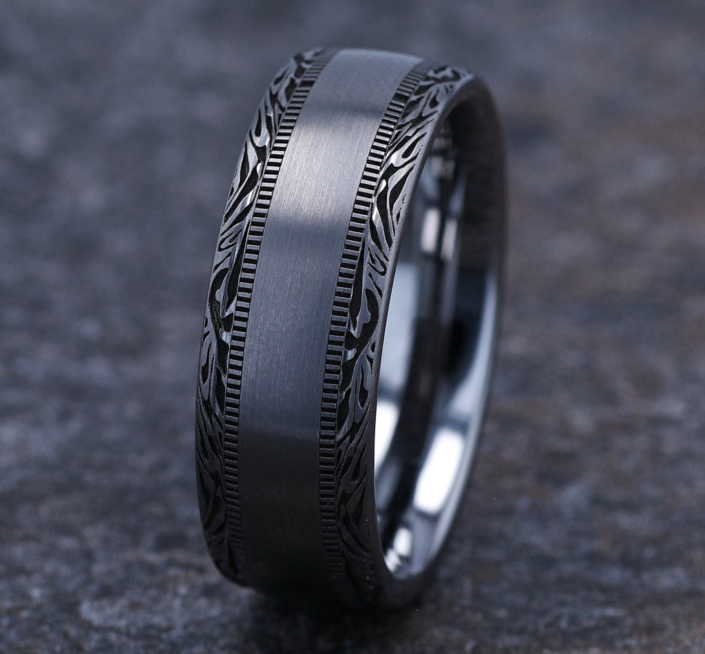 THE EDGE 8mm, Comfort fit, Tungsten, Satin center, mokume patterned edges