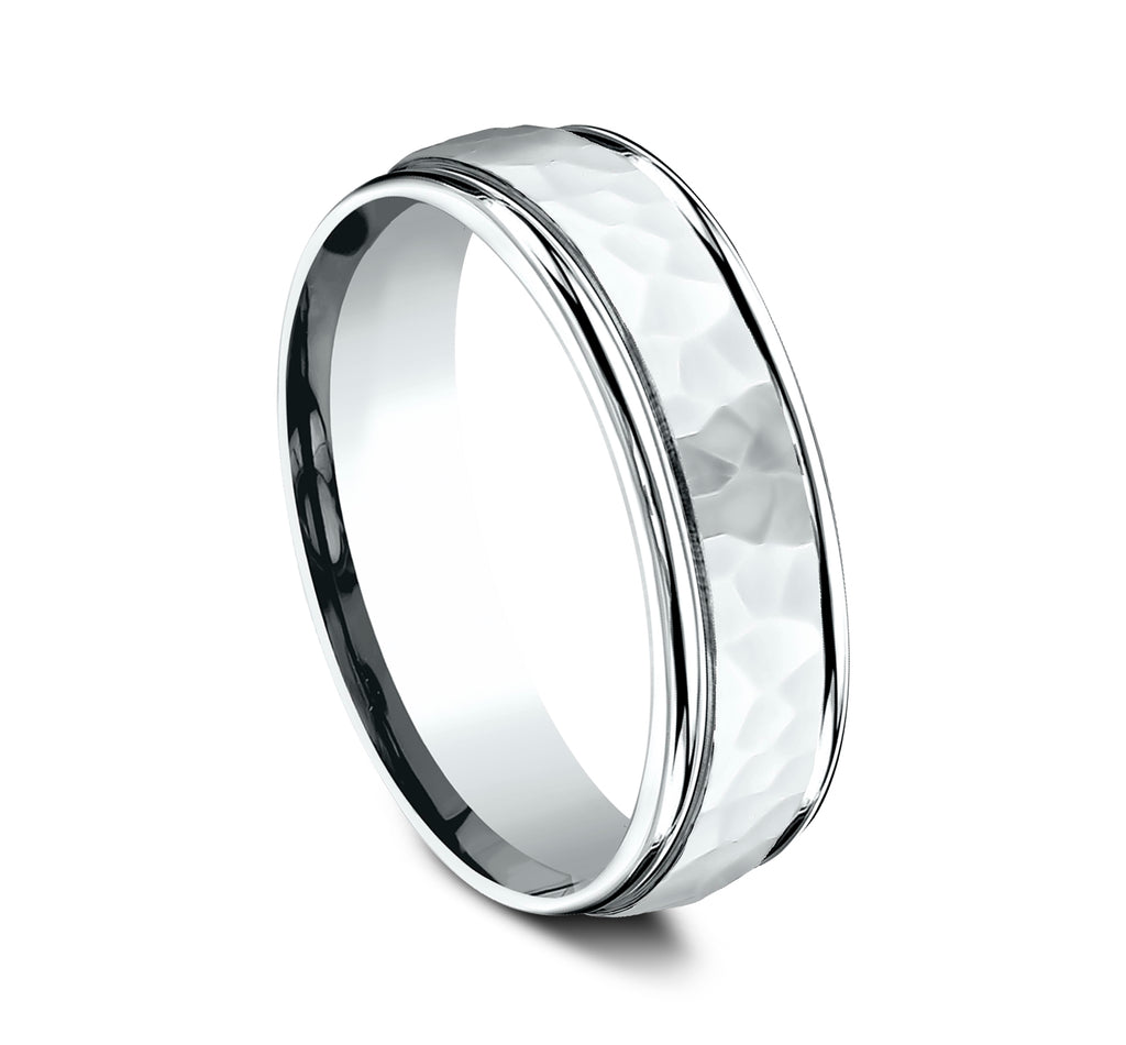 THE WILSON 6.5mm, Comfort fit, 14K White Gold, Hammered polished finish center, polished round edges