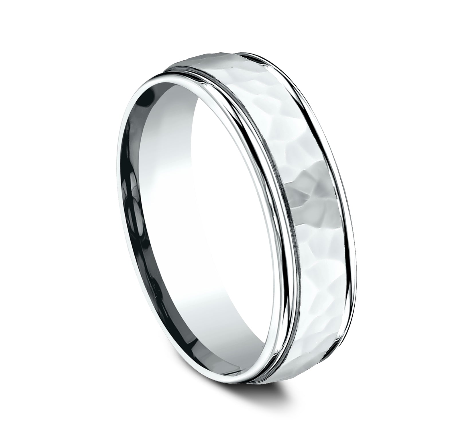 THE WILSON 6.5mm, Comfort fit, 14K White Gold, Hammered polished finish center, polished round edges
