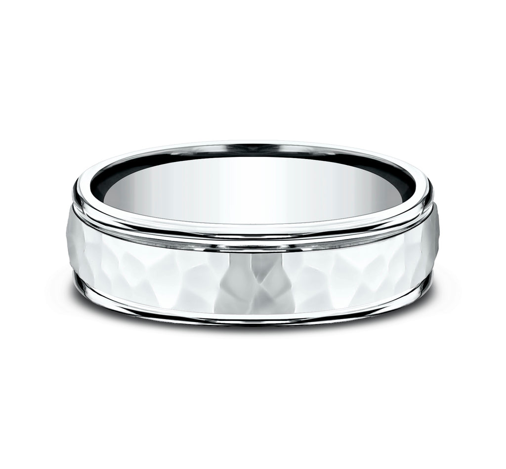 THE WILSON 6.5mm, Comfort fit, 14K White Gold, Hammered polished finish center, polished round edges