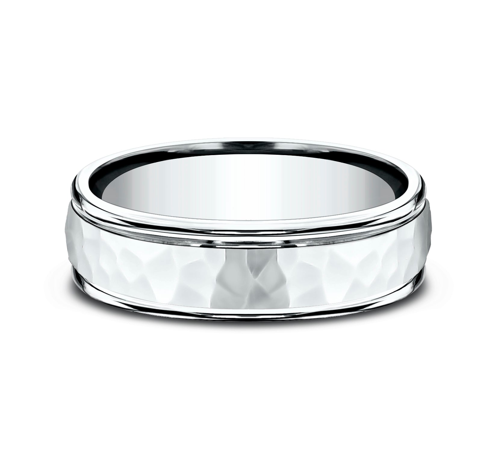 THE WILSON 6.5mm, Comfort fit, 14K White Gold, Hammered polished finish center, polished round edges