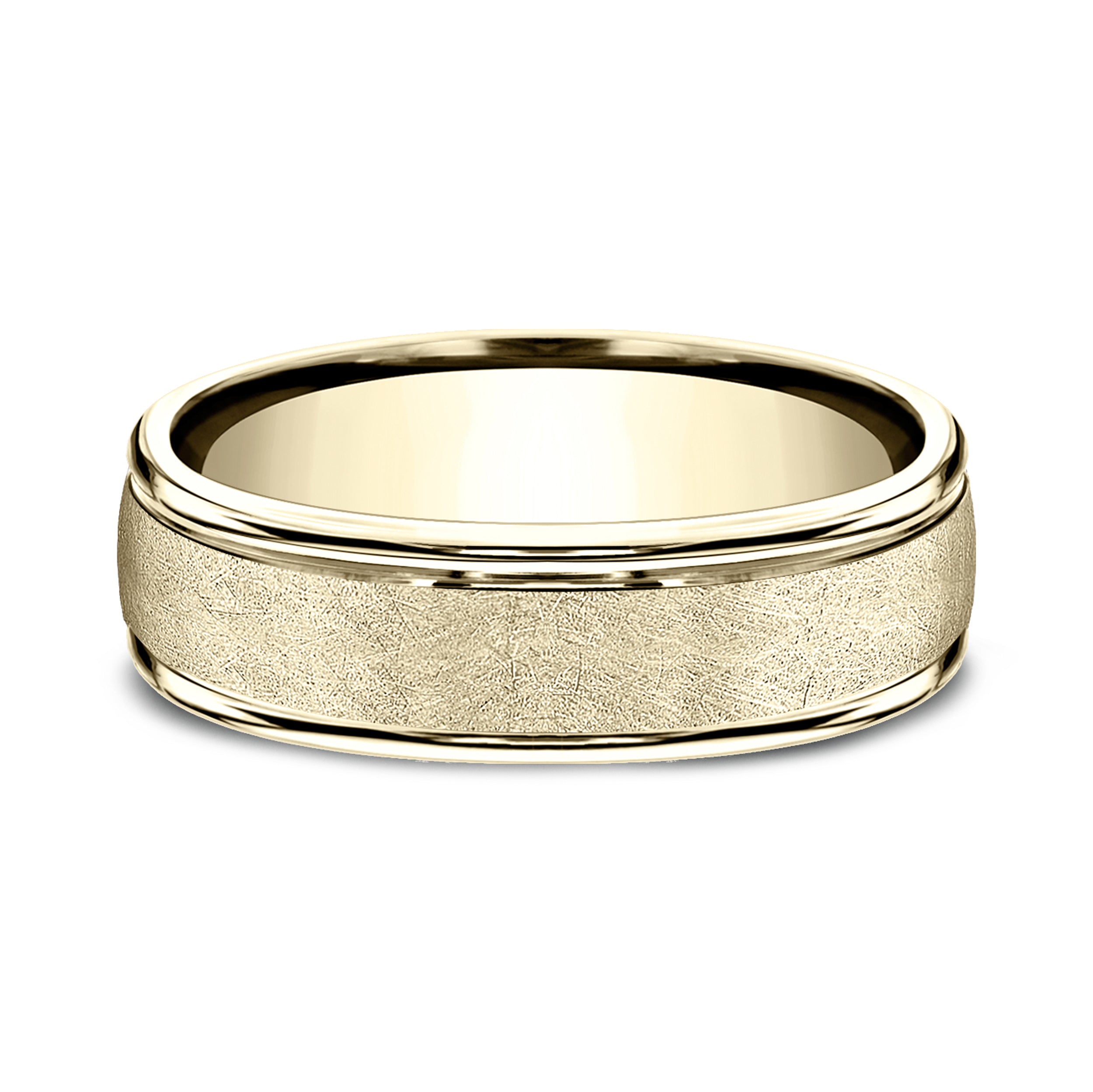 THE EZRA 6.5mm, Comfort fit, 14K Yellow Gold, Swirl finish, polished round edges
