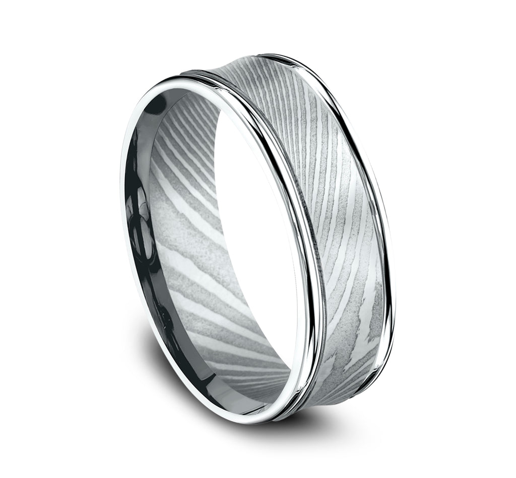 THE DESOTO 7.5mm, Comfort fit, Damascus Steel, Concave center, polished round edges