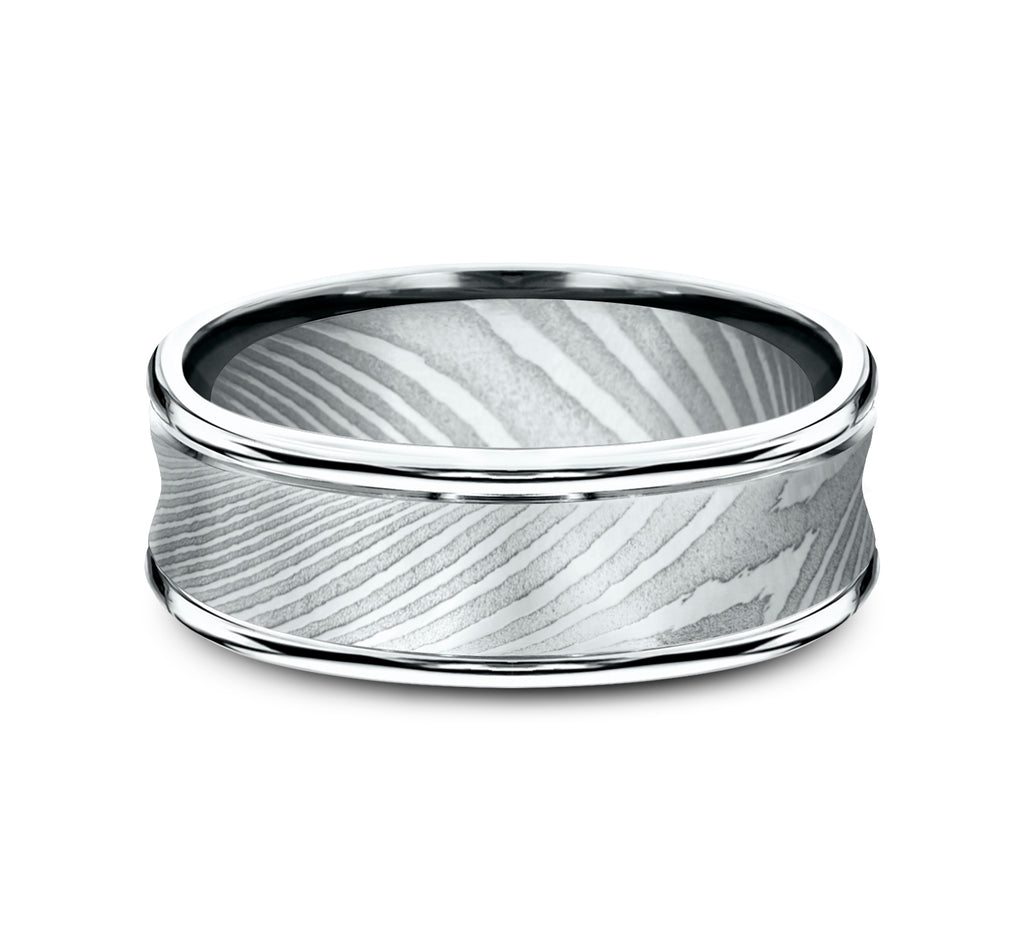 THE DESOTO 7.5mm, Comfort fit, Damascus Steel, Concave center, polished round edges