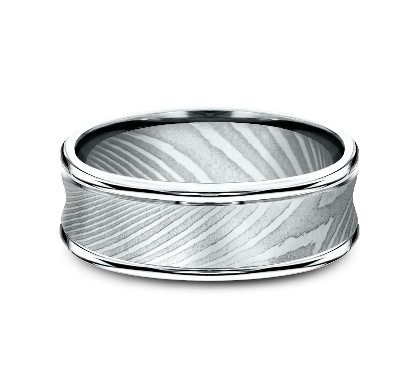 THE DESOTO 7.5mm, Comfort fit, Damascus Steel, Concave center, polished round edges
