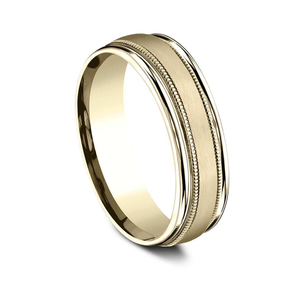 THE SUMMIT 6.5mm, Lightweight comfort fit, 14K Yellow Gold, Satin finish, milgrain detailing, polished round edges