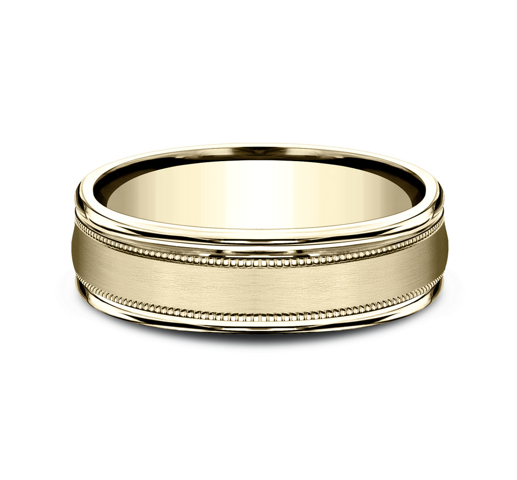 THE SUMMIT 6.5mm, Lightweight comfort fit, 14K Yellow Gold, Satin finish, milgrain detailing, polished round edges