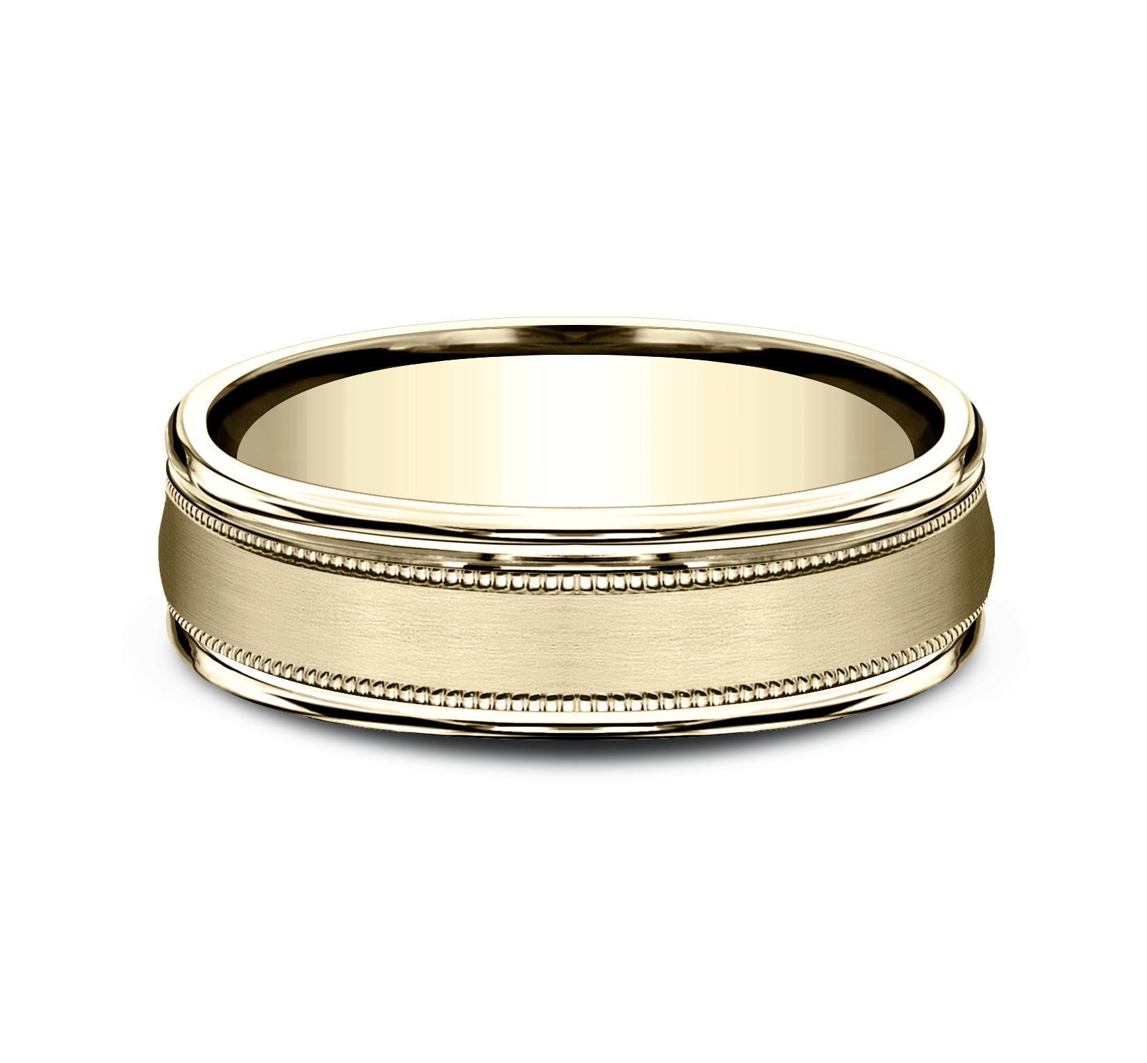 THE SUMMIT 6.5mm, Lightweight comfort fit, 14K Yellow Gold, Satin finish, milgrain detailing, polished round edges