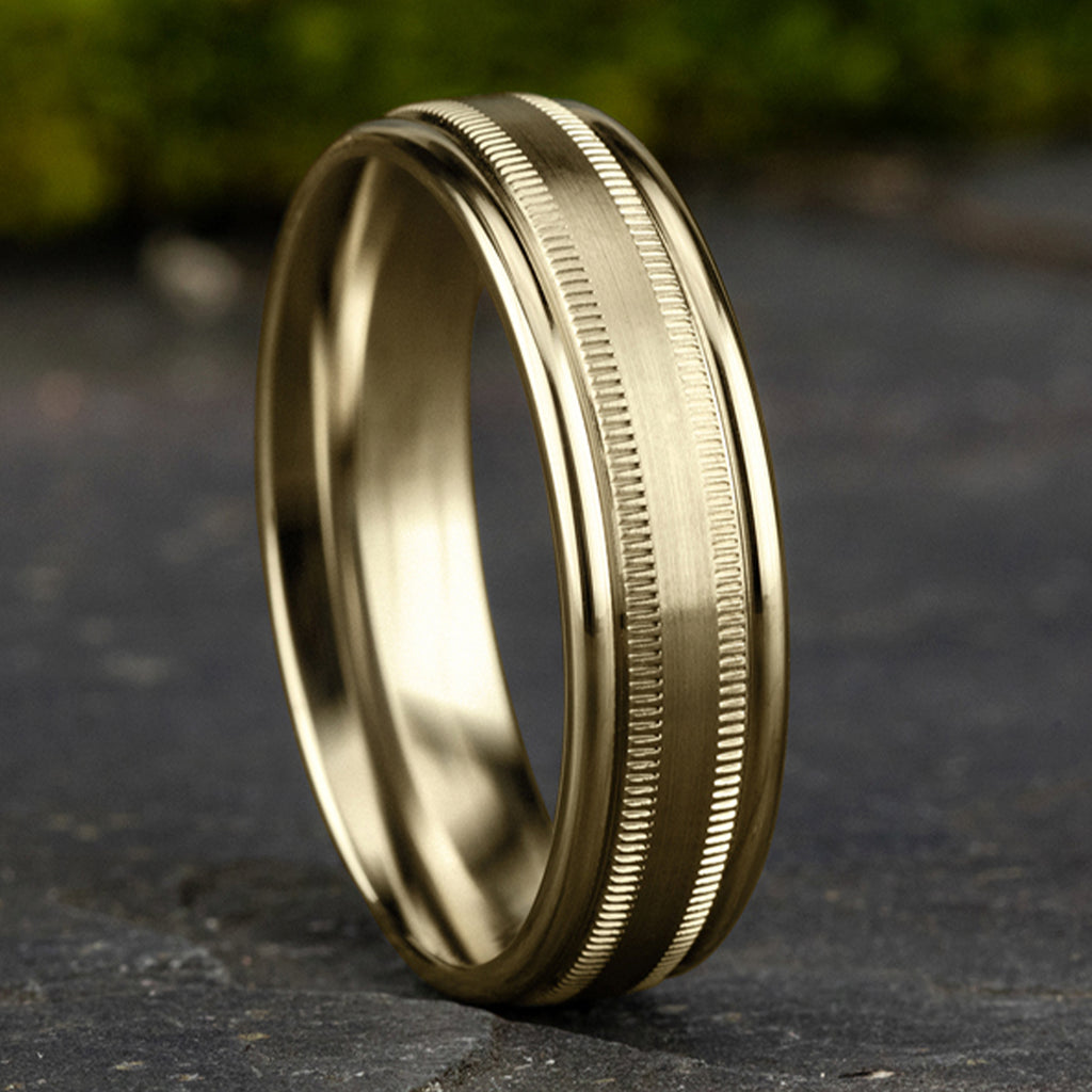 THE SUMMIT 6.5mm, Lightweight comfort fit, 14K Yellow Gold, Satin finish, milgrain detailing, polished round edges