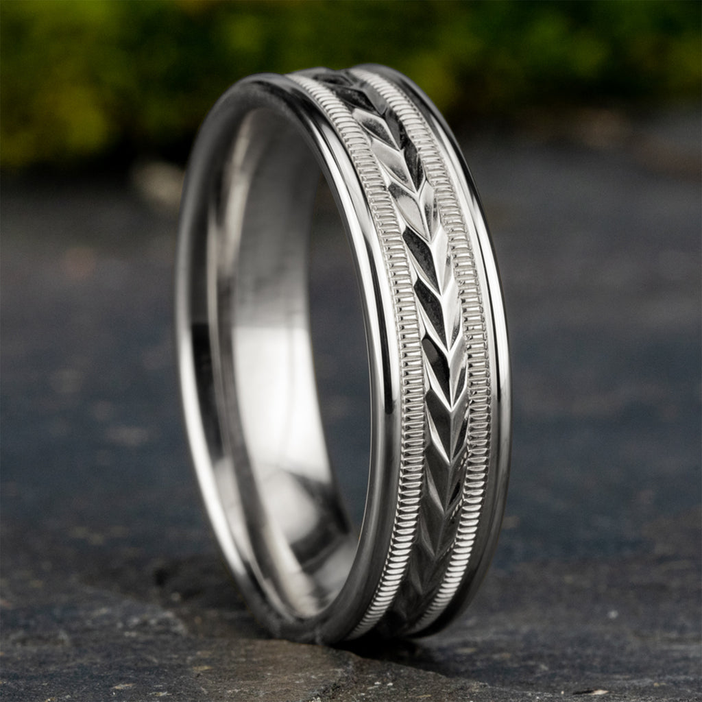 THE DOMINION 6.5mm, Lightweight comfort fit, 14K White Gold, Wheat pattern with milgrain detail, polished round edges