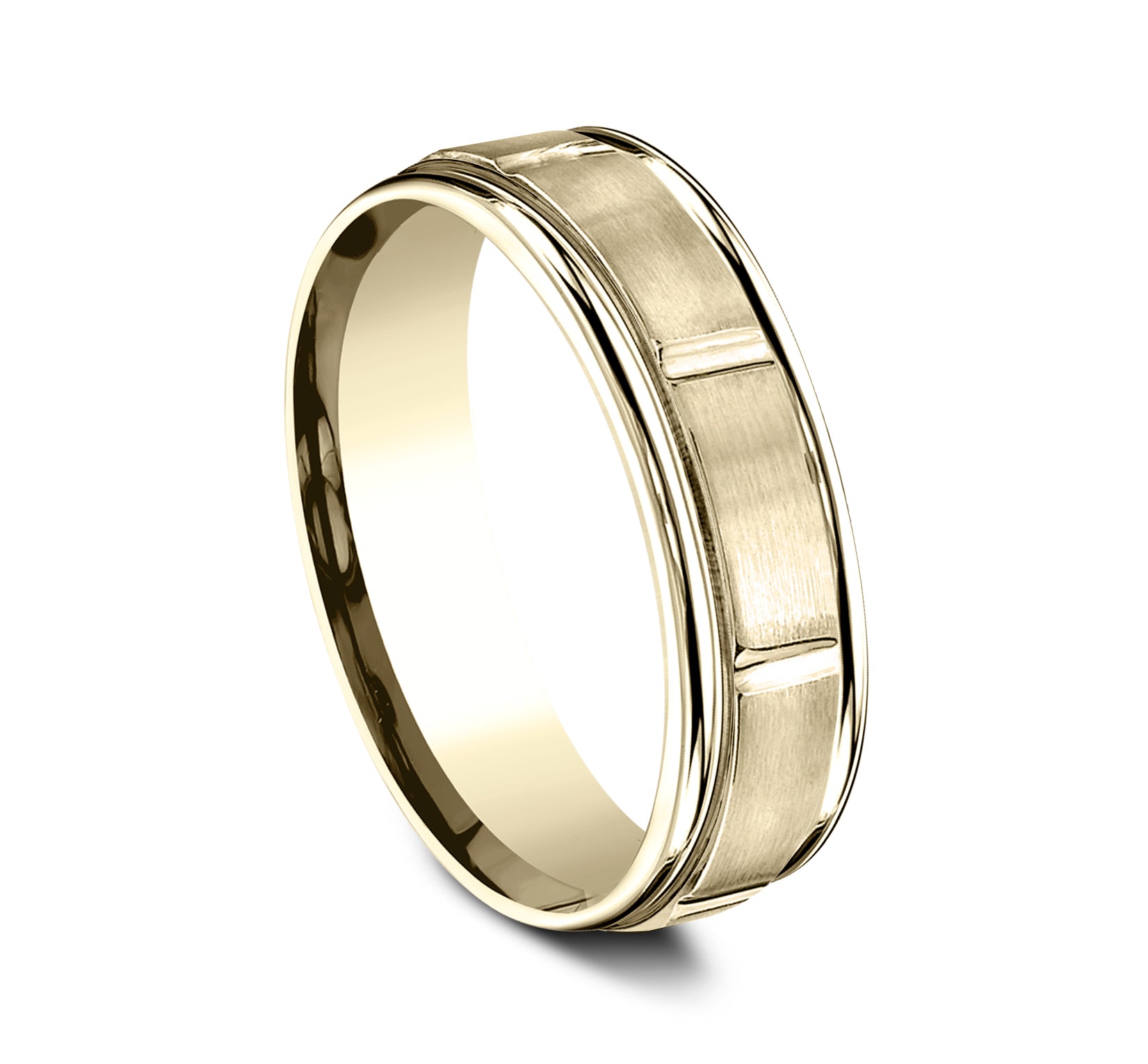 THE ECLIPSE 6.5mm, Lightweight comfort fit, 14K Yellow Gold, Satin finish with polished vertical cuts, polished round edges