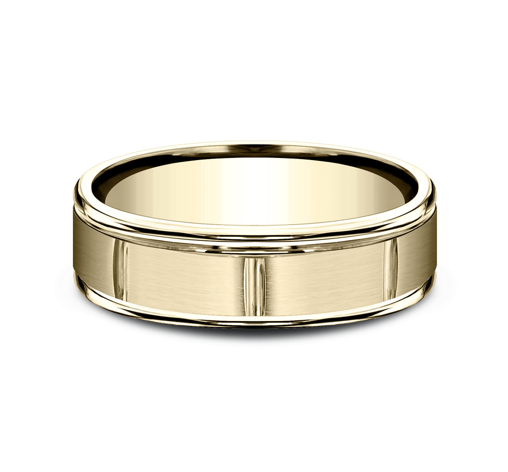THE ECLIPSE 6.5mm, Lightweight comfort fit, 14K Yellow Gold, Satin finish with polished vertical cuts, polished round edges