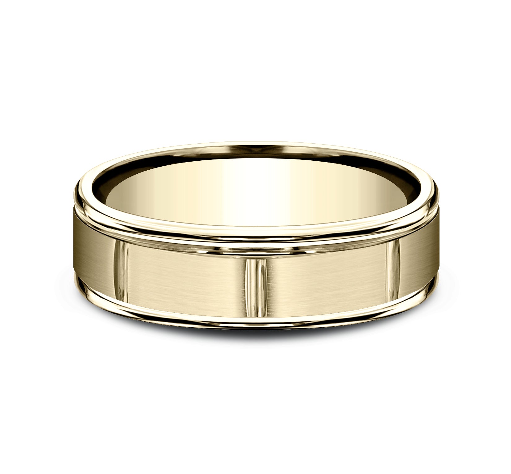 THE ECLIPSE 6.5mm, Lightweight comfort fit, 14K Yellow Gold, Satin finish with polished vertical cuts, polished round edges
