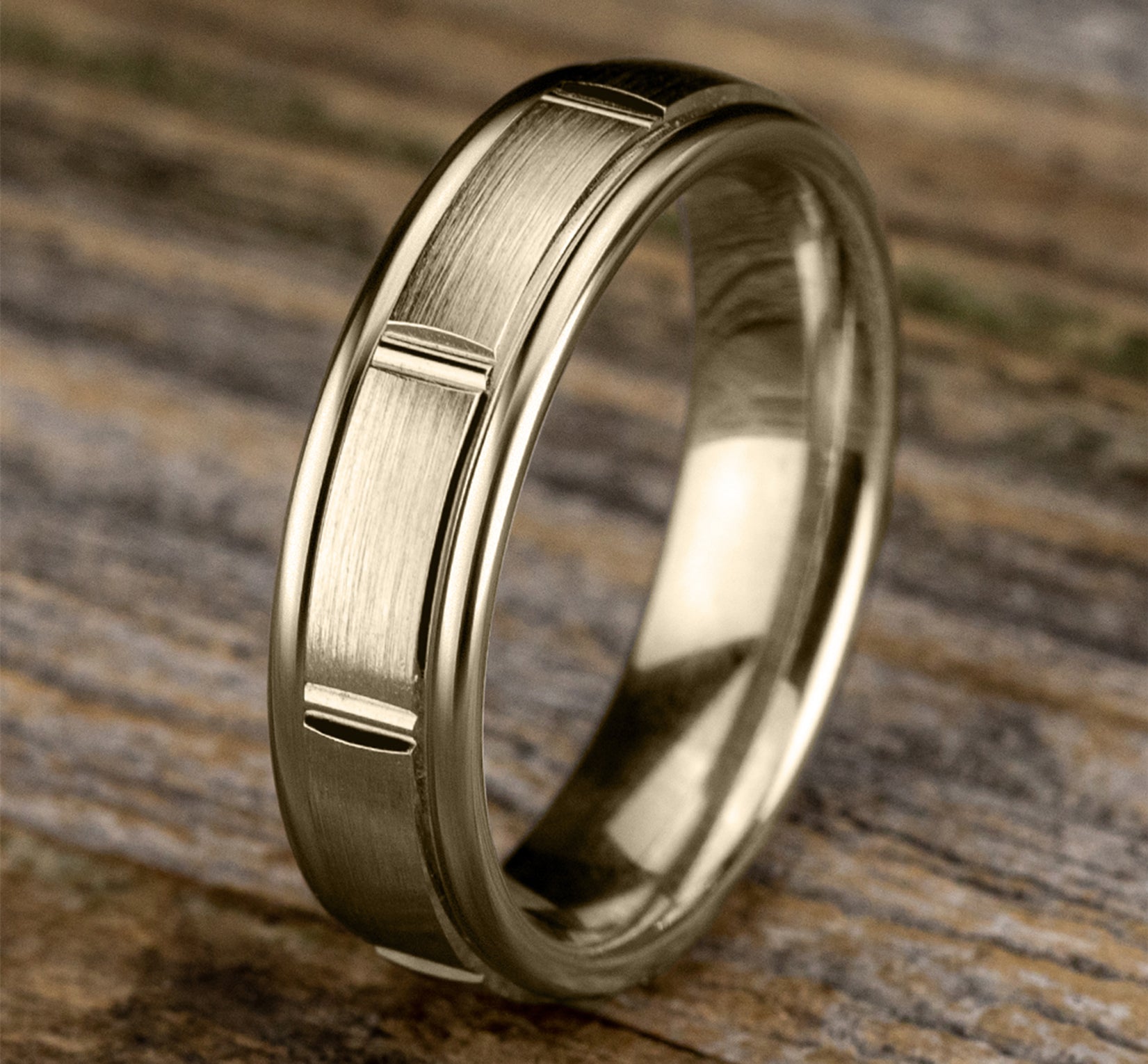 THE ECLIPSE 6.5mm, Lightweight comfort fit, 14K Yellow Gold, Satin finish with polished vertical cuts, polished round edges