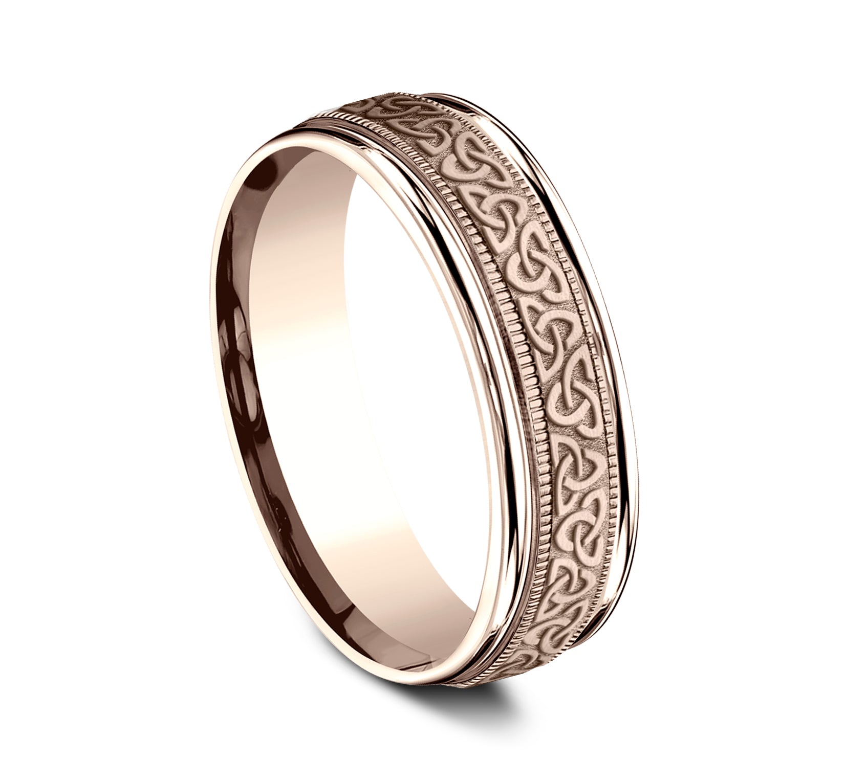 THE KINSALE 6.5mm, Lightweight comfort fit, 14K Rose Gold, Celtic knot pattern with milgrain detail, thin edges