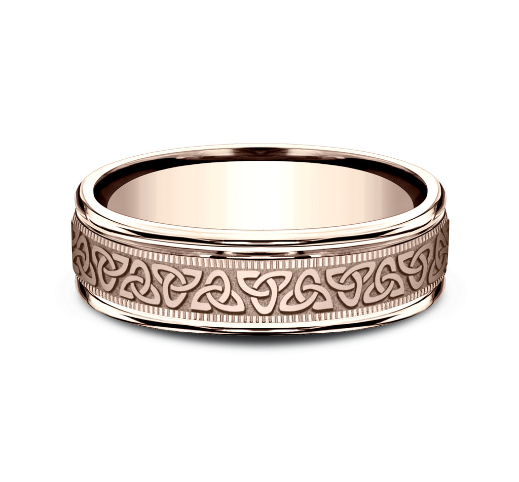 THE KINSALE 6.5mm, Lightweight comfort fit, 14K Rose Gold, Celtic knot pattern with milgrain detail, thin edges