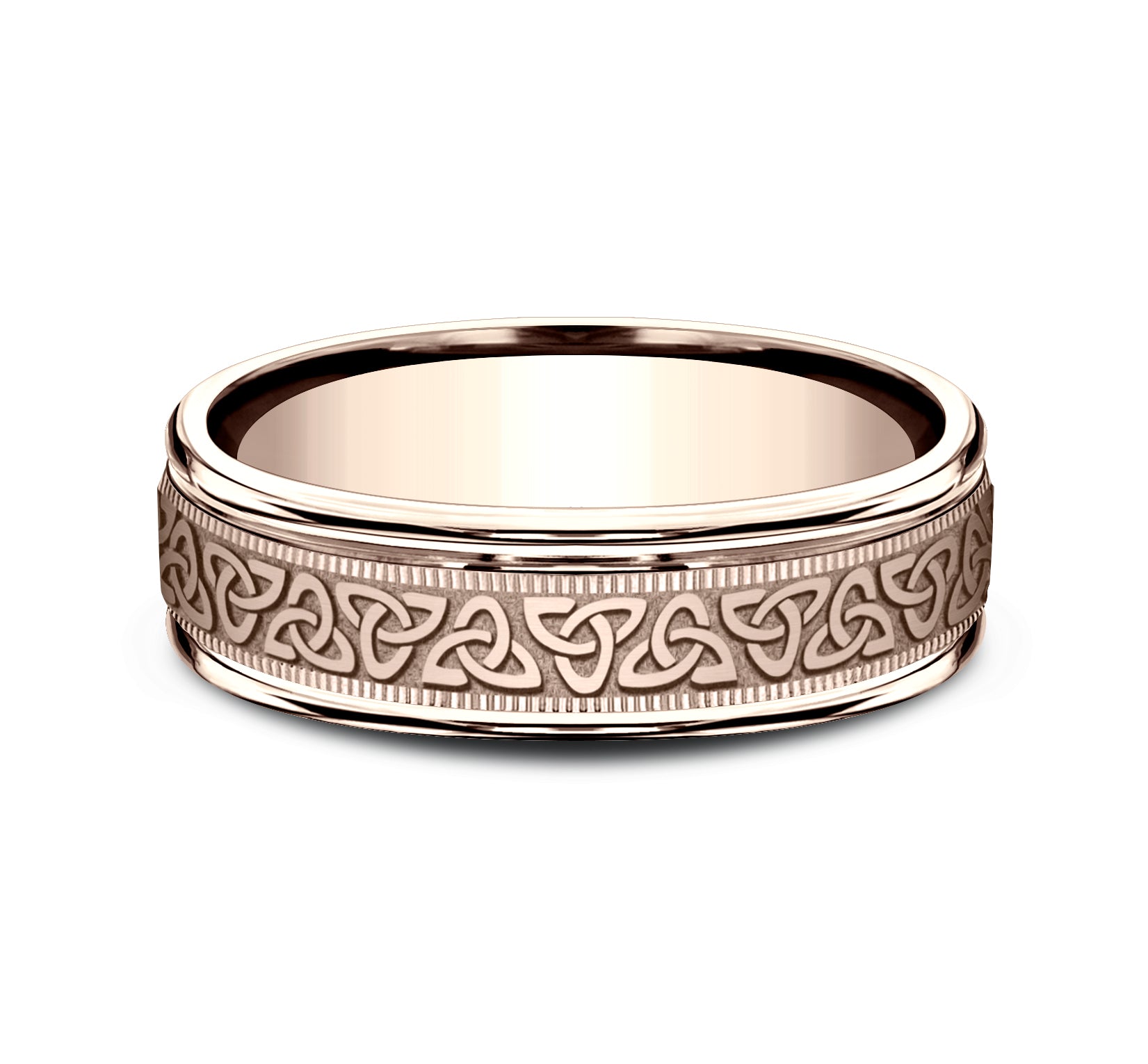 THE KINSALE 6.5mm, Lightweight comfort fit, 14K Rose Gold, Celtic knot pattern with milgrain detail, thin edges