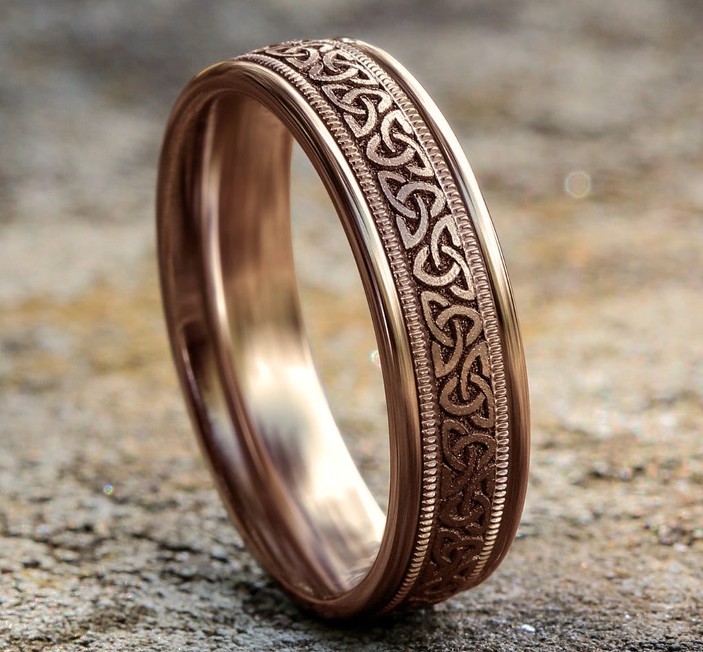 THE KINSALE 6.5mm, Lightweight comfort fit, 14K Rose Gold, Celtic knot pattern with milgrain detail, thin edges
