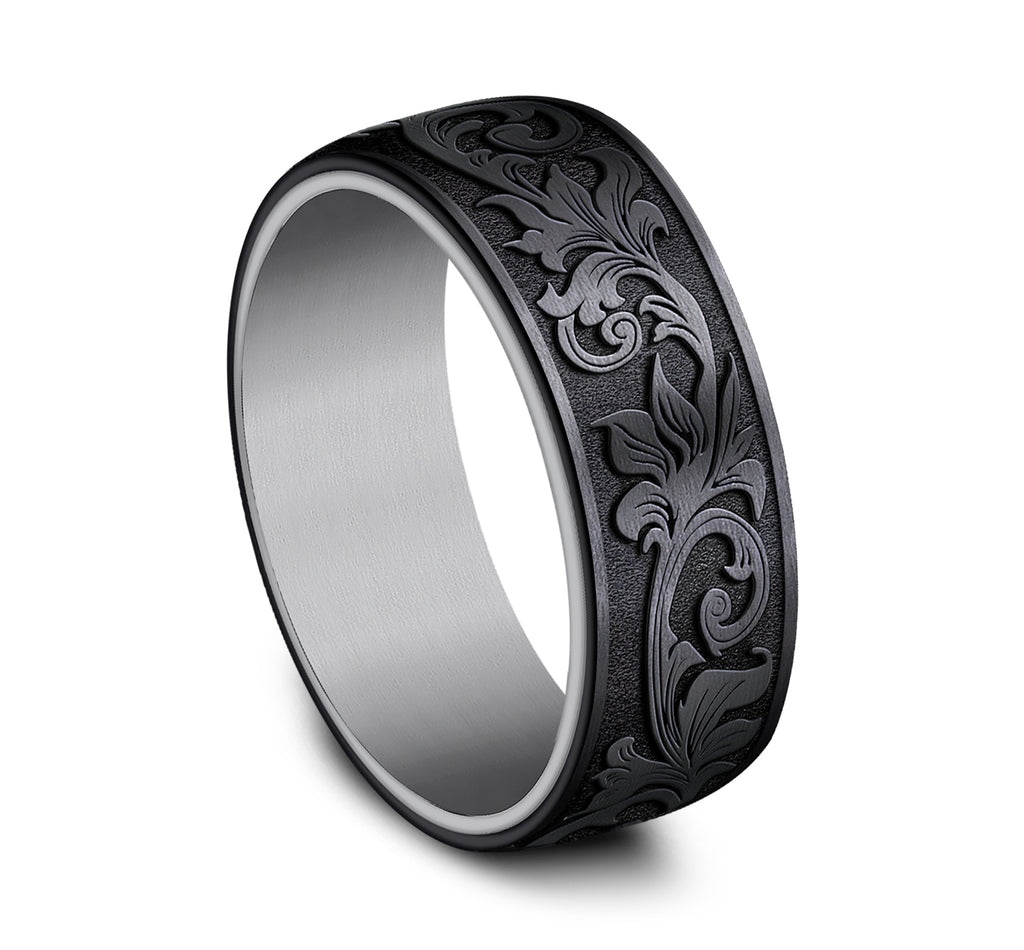 THE PALACE 8mm, Comfort fit, Grey Tantalum and Black Titanium, Vintage script pattern, straight edges